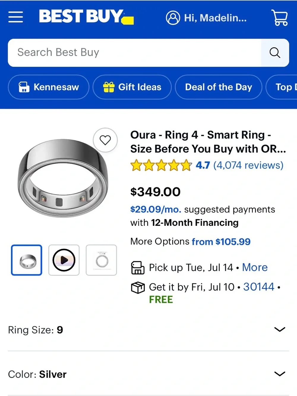 NWT Oura Silver Ring 4 Silver Size 9 - NEVER USED